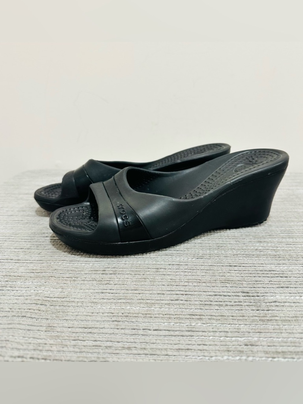 CROCS Black Slide Sandals, Wedge Mules, Slip-On, Size 9